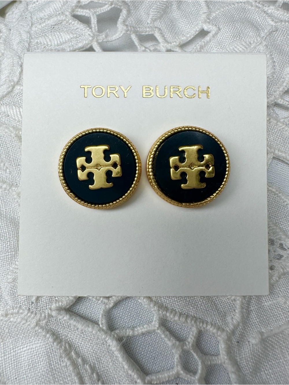 Tory Burch Navy and Gold Logo Button Earrings